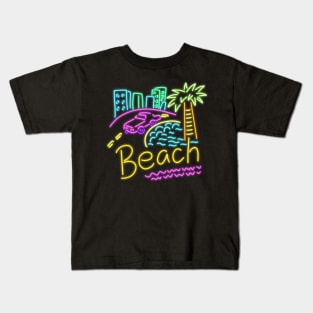 Beach neon house palm trees multi color pink Cadillac sand sun Kids T-Shirt